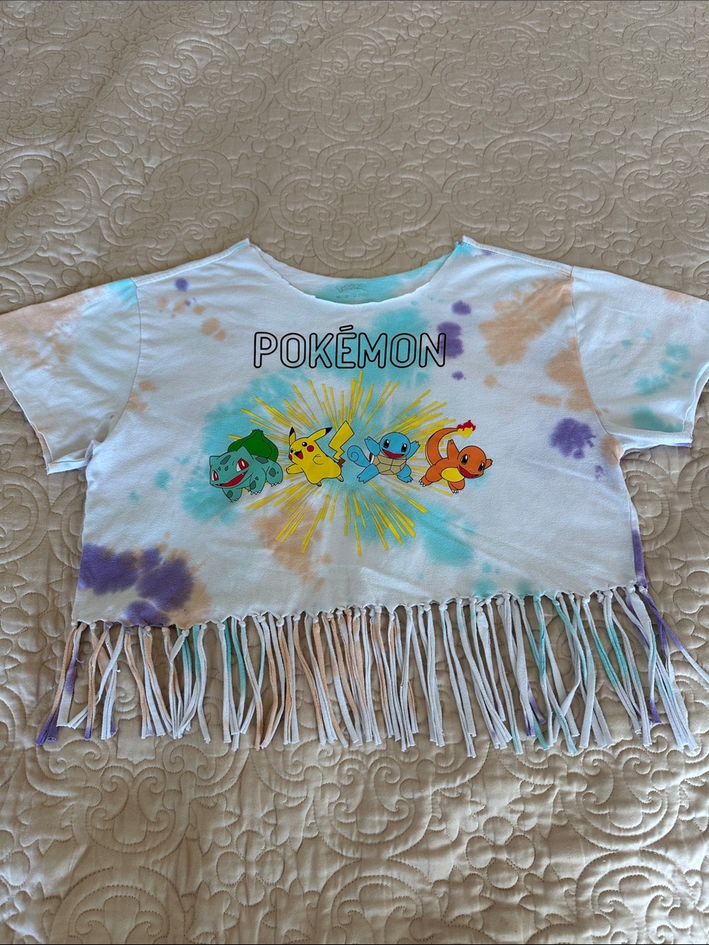Pokémon Custom‎ Tie-Dye Fringe Crop Tee - White/Multi